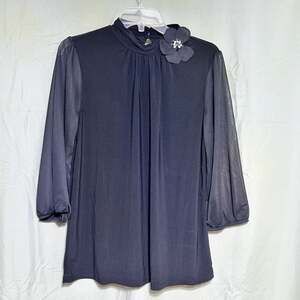Emma & Olive Black Mock Neck Blouse with Sheer Sleeves and Floral Detail